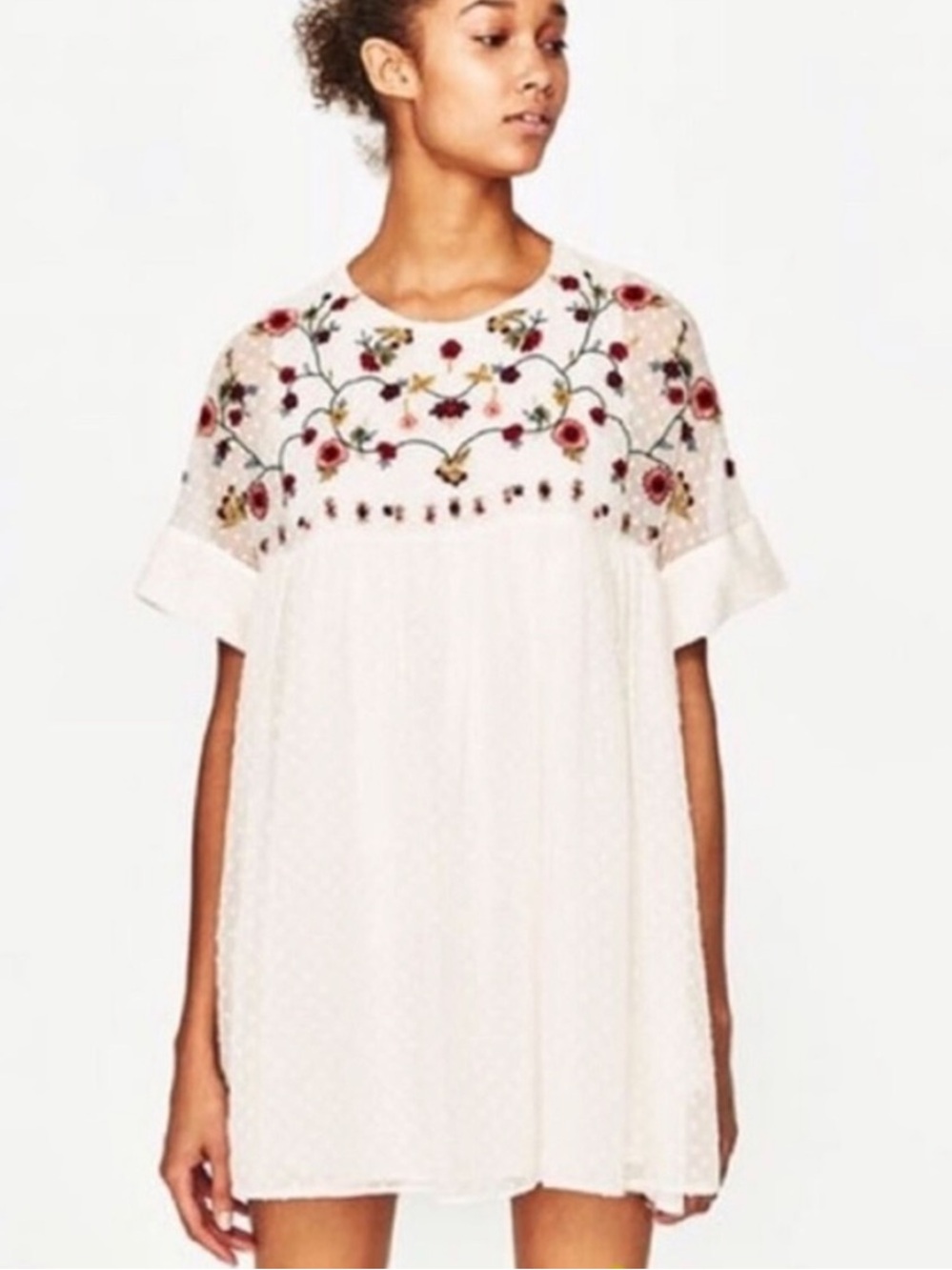 Zara Cream Mini Dress with Floral Embroidery